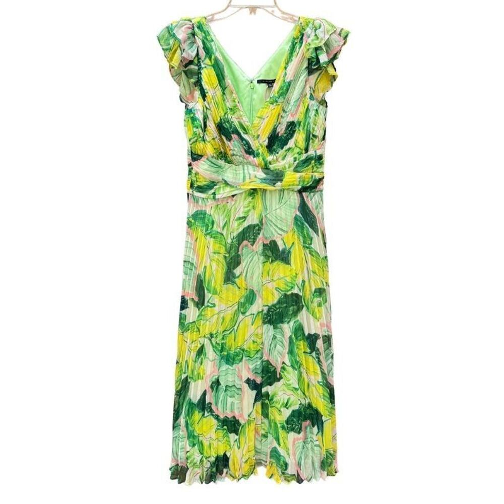 Alex Marie NWOT Green & Pink Palm Leaf Midi Dress Chiffon Pleated Size 8
